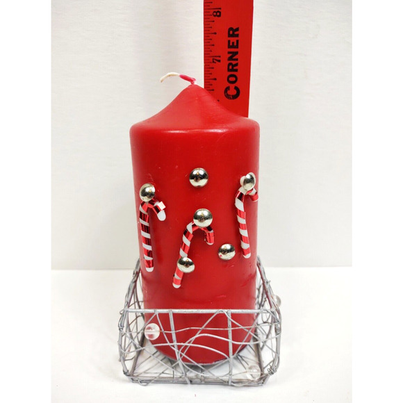 Handmade Christmas Candy Cane Pillar Candle 6oz w Wire Basket Red Holiday - Picture 4 of 12
